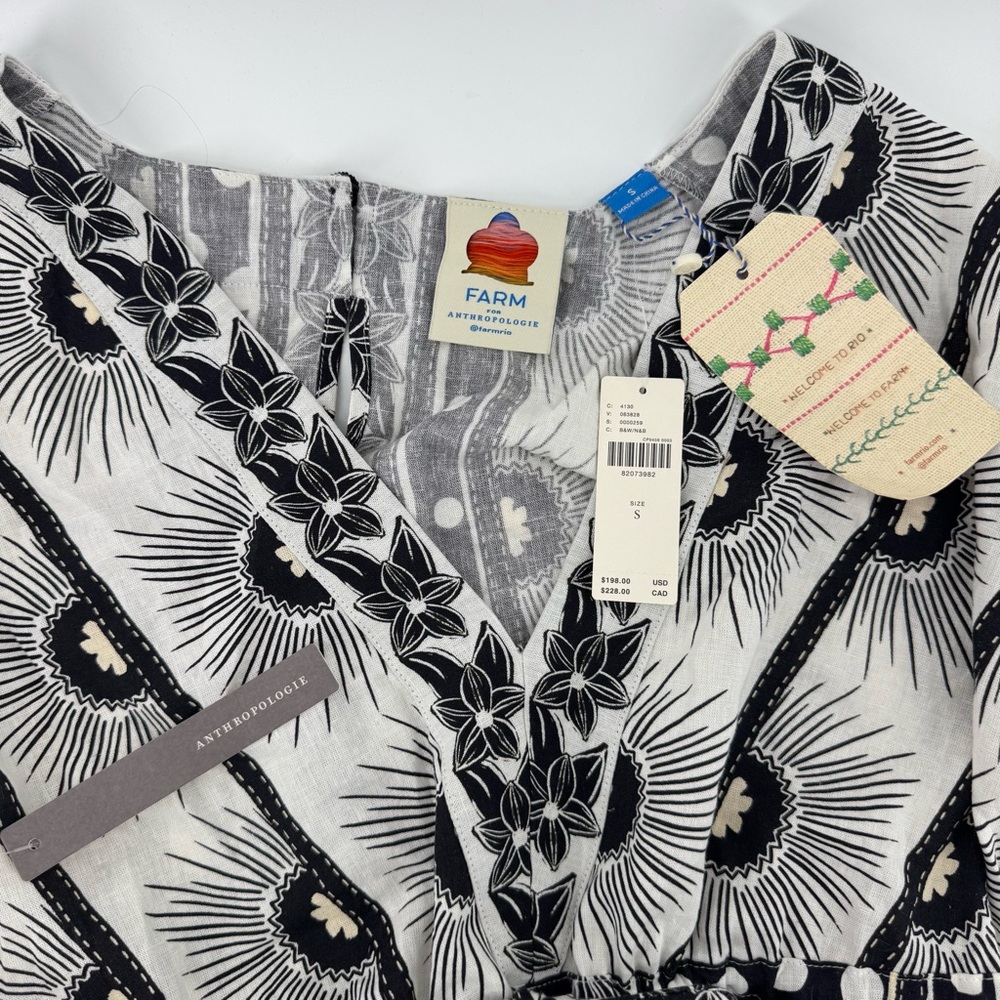 Anthropologie Farm Rio linen Puff-Sleeve Mini Dress adjustable waist Sz S NWT - Picture 9 of 13